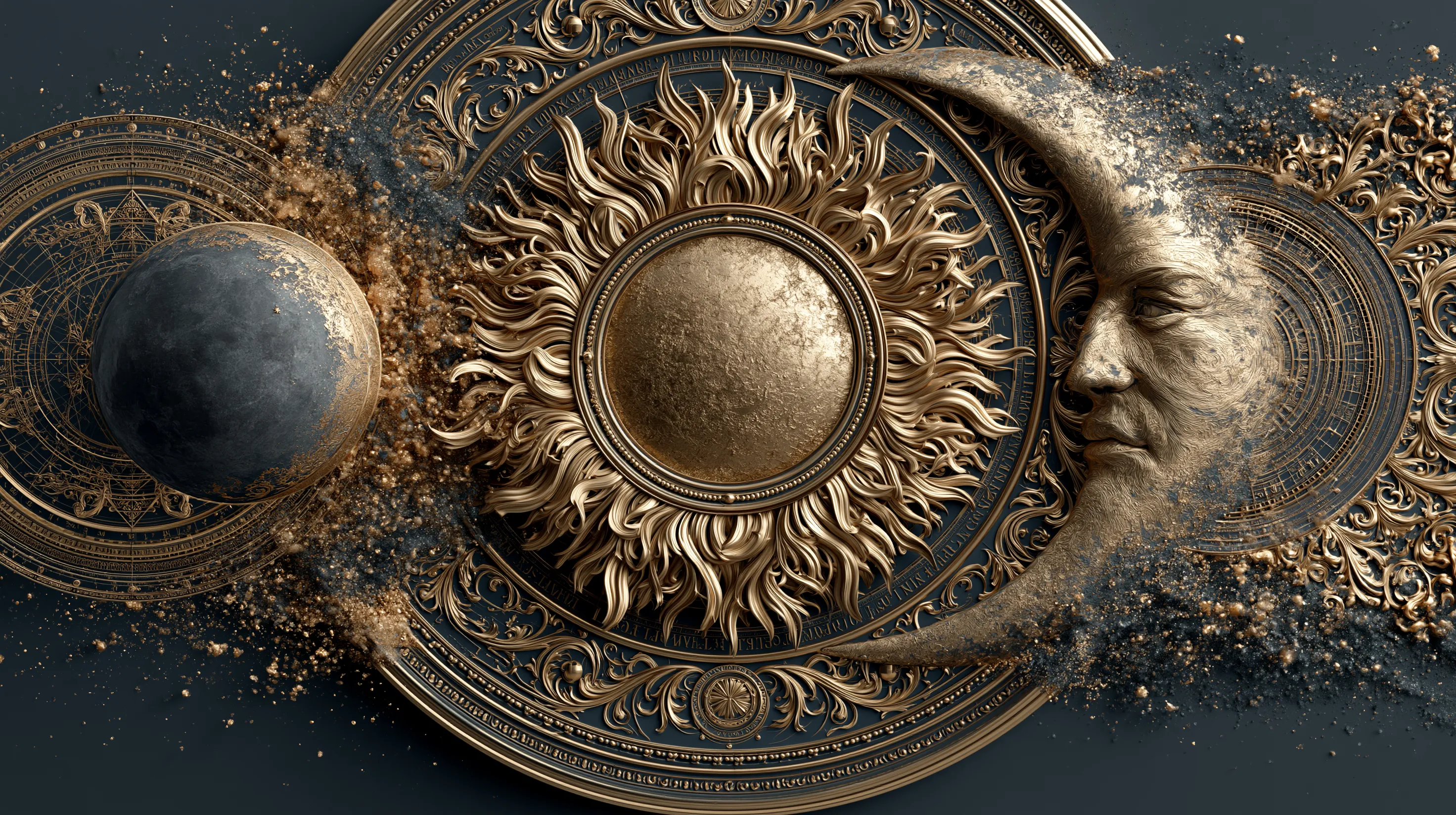 Symbolische goldene Darstellung der großen Drei: Sonne, Mond und Aszendent